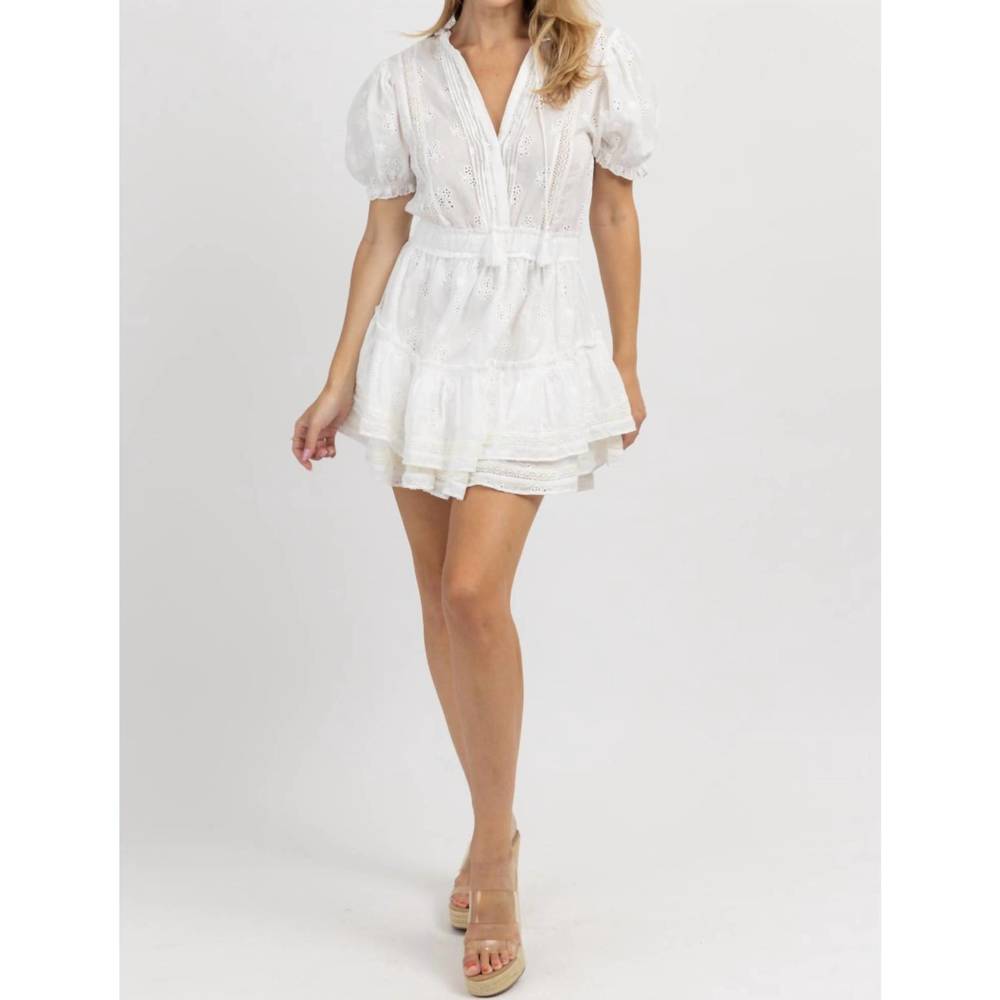 White Eyelet Tiered Mini Dress with Puff Sleeves